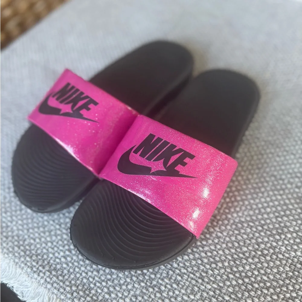 Nike Black and Pink Slide Sandals